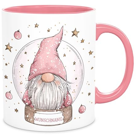 Wichtel - bedruckte Tasse - personalisierbar mit Wunschname, Geschenkidee zu Weihnachten, Keramik Kaffeebecher, Schneekugel Motiv, spülmaschinenfest, 300ml (rosa)