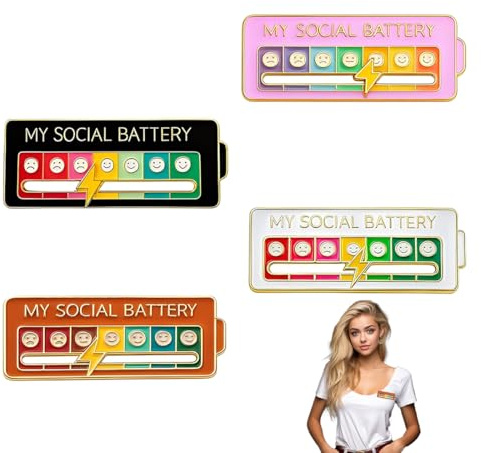 LACHT 4 Stück, Social Battery Pin, Stimmungsbarometer, Lustige Brosche, Interaktiver Anstecker, Metall Abzeichen, Süßes Kreatives Geschenk Für Frauen Und Männer, Geschenkidee Für Freunde Und Kollegen