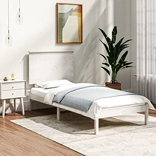 Runheo Massivholzbett Kiefer Weiß 90x200 cm, Einzelbett mit Lattenrost und Kopfteil, Robustes Holzbett für Schlafzimmer, modernes Design, Naturmaterial