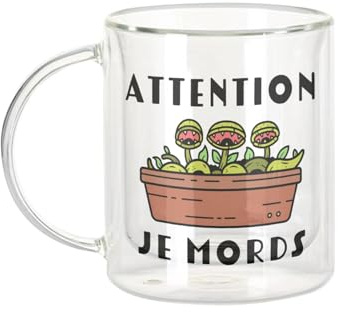 Fabulous Dubbelväggig glasmugg - se upp för att bita köttätande växt kruka trädgårdsarbete - kaffekopp och isolerad 330 ml hängande effekt mot buller, tryck i Frankrike