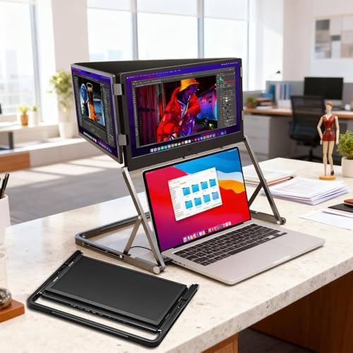 WEIZIIA Portable Laptop Monitor Extender, 15.6 FHD 1080P Portable Laptop Screen Extender Monitor, Triple Display with USB-C & HDMI, 360° Rotatable, Adjustable Viewing Angles, Foldable Travel Display
