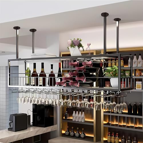 Vinställ för tak, hängande vinglasställ i metall, takvinhylla med glashållare, Flytande hyllor, förvaring av barspritflaskor, vinflaskhållare för bar, restaurang, café, kök (Svart, 120cm)