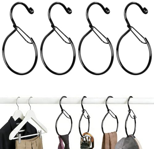 4 Pack Belt Hanger for Closet, Multipurpose Closet Hanger with S Hook, Rust-Resistant Metal Belt Organizer & Tie Rack for Belts, Ties, Scarves, Hats, Bags, Space Saving Wardrobe Storage (Black)