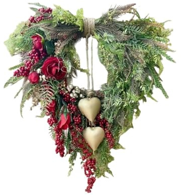 Valentine’s Day Farmhouse Valentine Heart Wreath, Gold Bells, Red Roses & Berries,Rustic Country Front Door Decoration with Gold Foliage, Fabric Flowers & Vintage Heart Bell (1PC)