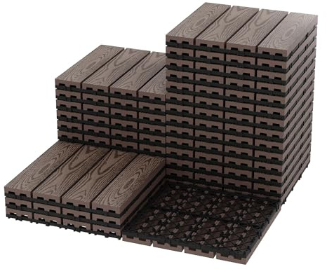 Decking Tiles 9 Packs, 30 x 30 cm Waterproof Interlocking Flooring Tiles, All Weather Use Garden Deck Boards for Indoor Outdoor, Patio Deck Flooring for Balcony,Terrace,Backyard, Hot Tub - Coffe