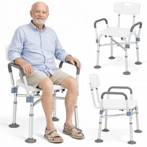 BAKAJI Sgabello da Doccia con Schienale e Braccioli, Struttura Alluminio e Seduta Ergonomica in HDPE, Sedile da Bagno per Anziani, Disabili e Persone con Mobilità Ridotta, Regolabile Altezza 78–88cm