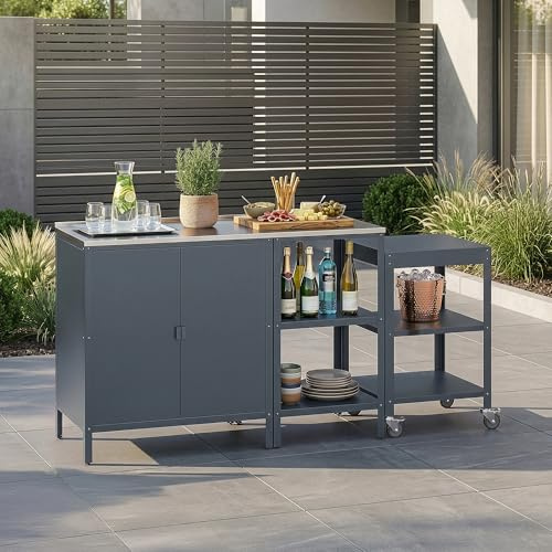 casa.pro Outdoorset Bolognano Gartenmöbelset Standregal Schrank und Servierwagen im Set Gartenschrank Gartenregal Gartenrollwagen für Grill Möbelset für Drinnen und Draußen Dunkelgrau, matt