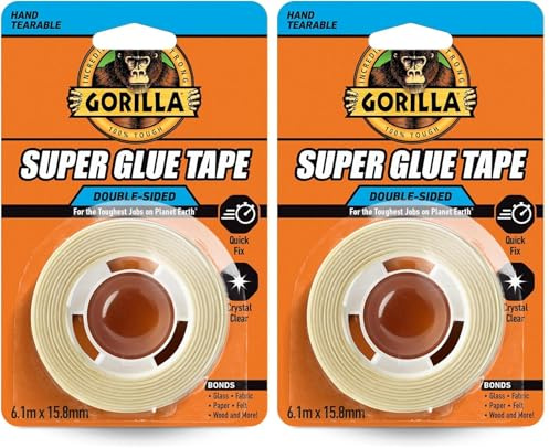GORILLA Super Glue Tape, 6.1m x 15.88mm – Heavy Duty, Crystal Clear, No Mess Double Sided Tape, Ideal for Permanent Repairs, Quick Fixes & Craft | Bonds Glass, Fabric, Paper, Cardboard & More