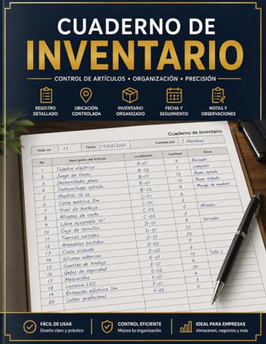 Cuaderno de Inventario: Registro profesional para controlar artículos, stock, ubicación, cantidades, fechas, conteos y observaciones en almacenes, empresas y pequeños negocios