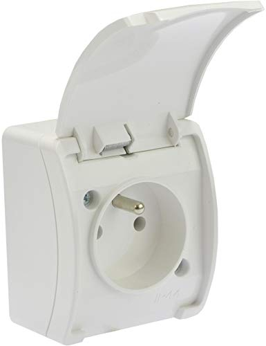 Socle de prise de courant - Pour pièce humide - DV 5850 - Avec couvercle à rabat - Type français E 161-01 - 2 pôles plus terre - Blanche.