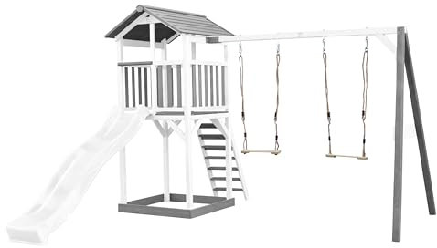 AXI Beach Tower Spielturm aus Holz in Weiß & Grau | Spielhaus für Kinder mit weißer Rutsche, Doppelschaukel und Sandkasten | Stelzenhaus für den Garten