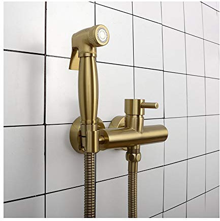 Toilette Bidet Spray, Bidet Pulvérisateur en Laiton Kit Mitigeur Douchette à Main Mural Kit Douchette WC pour Toilette avec Tuyau Flexible, eau Chaude et Froide pour Bain Animaux,Brushed gold