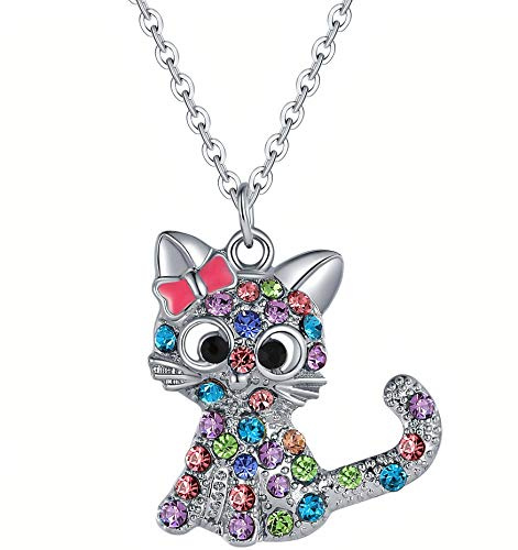 Tiwoca Jewellery Kristall Katzen Anhänger mit Kette 50cm Edelstahl mit Schmuckbox und Poliertuch (Rote Schleife)
