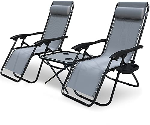 VOUNOT Set med 2 vilstol med fällbart bord mugghållare vikbar trädgårdsstol i textilen lounstol med huvudstoppning max 120 kg grå