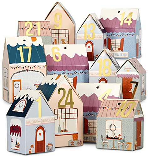 Papierdrachen Adventskalender 2025 - DIY Häuser-Set Weihnachtsdorf - 24 bunte Faltschachteln zum Basteln, Befüllen und Aufstellen