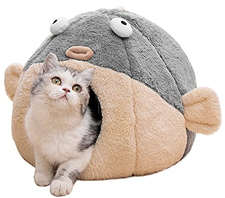 Lit pour Chat d'intérieur – Niche avec Coussin Amovible et Lavable – en Peluche Douce de qualité supérieure sans déformation – Motif Poisson-gonflé Vivant – Gris, Plusieurs Tailles (L)