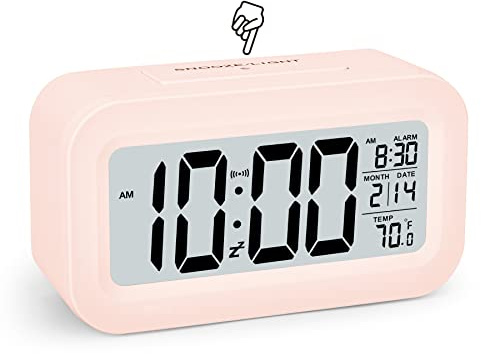 4,3 Wecker Digital, LCD Digitaler Wecker Ohne Ticken, Wecker mit Licht/Schlummern/Temperatur/Datum/Kalender/Großem Display, Tischuhr Uhr für Nachttisch Schlafzimmer Home Office（Rosa）