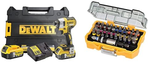 DEWALT - Visseuse à Chocs Brushless XR 18V Li-Ion 5Ah - DCF887P2-QW & Coffret de 32 Embouts de Vissage de 25mm Robustes et Précis - DT7969-QZ – Assortiment de 32 Embouts de Vissage