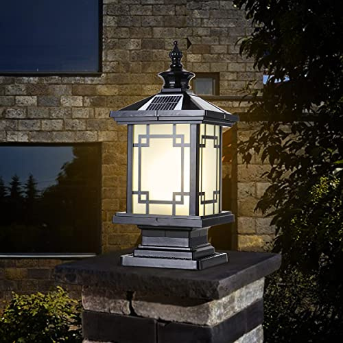 PTOUG LED Solar Post Light Outdoor, Aluminum Fence Post Cap Lamp Remote Control Dimmable Pillar Lights Solar IP65 Waterproof Column Light, 15.7 X 7.3 Pillar Pedestal Lantern for Garden Yard