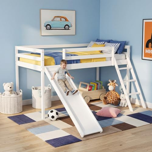 Panana Mid Sleeper With Ladder, Cabin Loft Bunk Bed Solid Pine Single Bed for Kids,Child (White, 02 Bunk)
