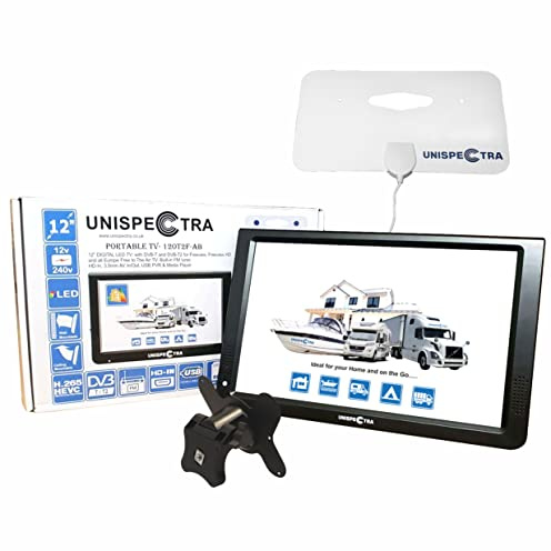 Unispectra® 12 Pulgadas 12V / 230V HD LED TV Digital DVB-T / T2 (TDT) USB PVR y Reproductor Multimedia, FM Tuner, HDMI, AV In/out. Ideal para, Autocaravana, Barco, Caravana, Camping, Camión