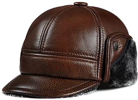DongBao Leder Baseball Mütze Herren Winter Hut Ohrenschützer Trapper Mütze Warm Kunst Fellmütze Bomber Hut mit Ohrenklappen