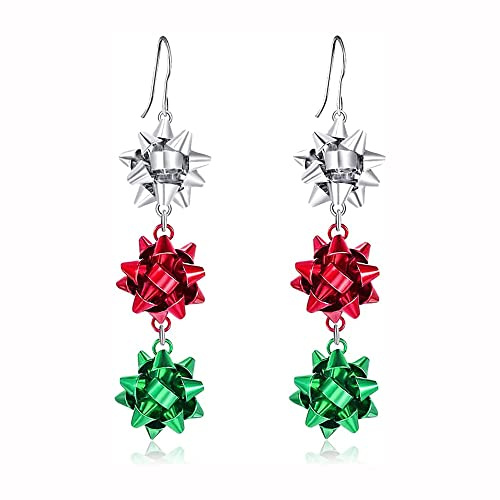 Boucles d'oreilles pendantes en forme de nœuds de Noël en forme de fleur rouge, vert et blanc, couleurs rouge, vert, blanc, boucles d'oreilles chandelier, boucles d'oreilles pendantes à goujons