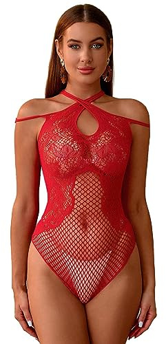 Bommi Fairy Women's Floral Lace Fishnet Teddy Halter Bodysuit Babydoll Mesh Lingerie Sexy Shapewear Clubwear Top Leotard (Red)