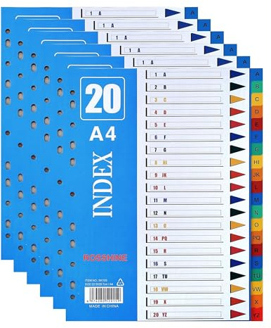 A-Z Part File Dividers A4, 6 Pack Plastic Folder Dividers for Ring Binders | with Multi-Punched11-Holes Index & Content List, Multi-Colour Index Dividers for Lever Arch Files