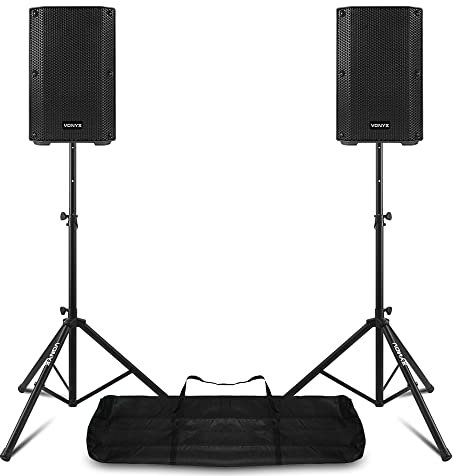 Vonyx VSA08BT 8 Active PA Speaker System Pair 500W Bluetooth with Adjustable Tripod Stands & Waterproof Carry Bag - DJ Events, Live Sound and Mobile Performances