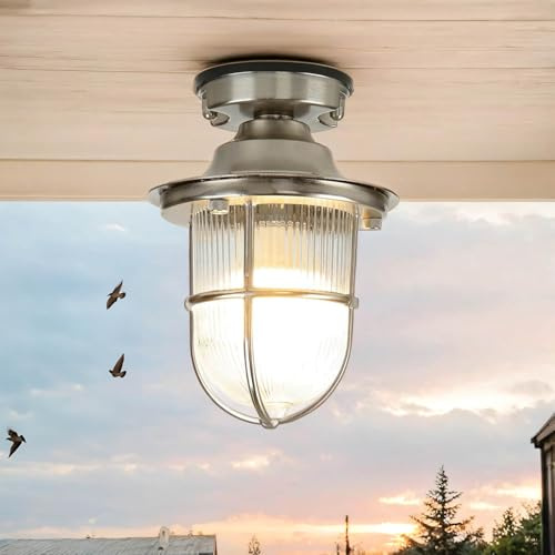 Licht-Erlebnisse Maritime Außen-Deckenleuchte, Messing, Riffelglas, in Nickel, Deckenlampe Keller, Feuchtraumleuchte, IP54, E27, H:23 cm, Garten, Außenleuchte
