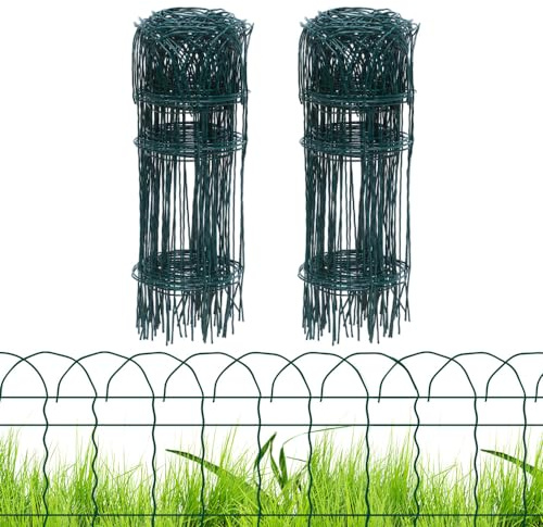 PROWORX 2 Rolls Green Garden Fence Border, 14 in x 40 ft Metal Folding Fence Wire Roll Garden Border Edging, Garden Fence Roll Flower Bed Fencing for Outdoor Yard