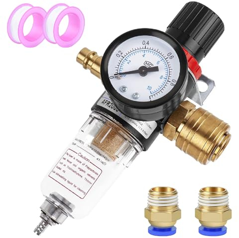 Ruikdly Riduttore di Pressione Aria compressa, separatore d'Acqua Aria compressa regolatore di Pressione Filtro Aria da 1/4 Pollici con separatore d'Acqua e attacchi rapidi, Riduttore di Pressione co