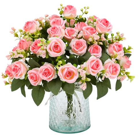 JUSTOYOU 4PS künstliche Blumen Rose, rosa Seide Rose Sträuße mit Stiel, gefälschte Blume Realistische Rose für Hochzeit Home Garten Party Büro Dekor (Rosa)