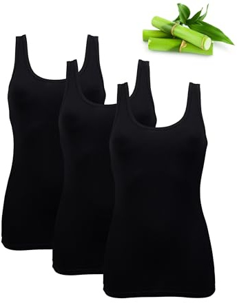 Basic Treasure 3er-Pack Unterhemden Damen, Tank Top, Bambus, Schwarz, M