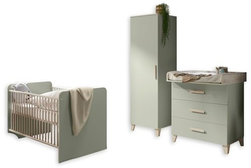 PRIZZI Babyzimmer Komplett-Set in Pastellgrün / Aurum Optik - Babyzimmer Möbel-Set 3-teilig bestehend aus Kleiderschrank, Babybett & Wickelkommode