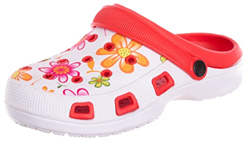 Brandsseller Zoccoli da Giardino Donna Taglia 39 – Mules Leggeri e Traspiranti con Motivo Floreale – Ideali Come Ciabatte o Pantofole da Esterno – Rosso