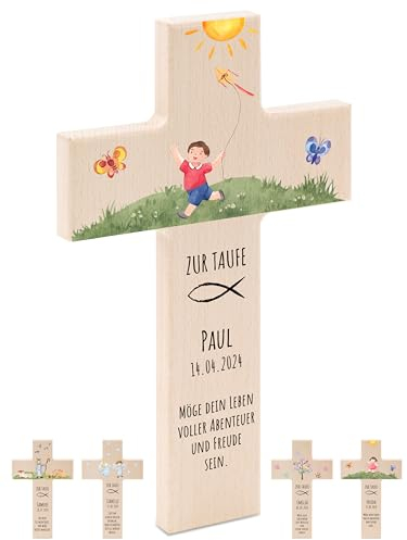 Bärenfreunde - Personalisiertes Taufkreuz mit hochwertigem Spezial-Druck aus massivem Buchenholz - Taufe Geschenk - Holzkreuz Taufe (Junge Wiese)