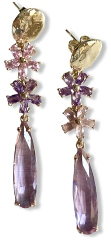 Orecchini lunghi con fiori di cristalli rosa e lilla
