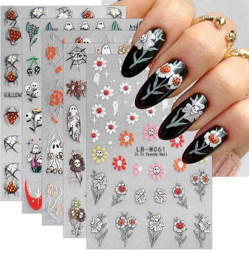 JMEOWIO Nagelsticker Halloween 9 Blatt Nail Art Sticker Selbstklebend Nagelaufkleber Süße Geisterblume Dekoration Nageldesign Zubehör