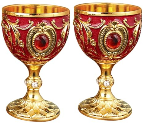 QWFVHJ Gobelet de communion, gobelet à calice vintage, 2 pièces en verre à vin européen, verres à vin, tasse compacte, tasses en bronze, tasse rétro, grands verres à shot, gobelet médiéval(Red)