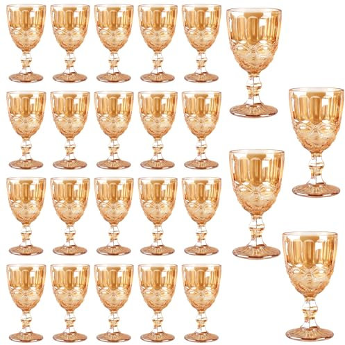 24 Pcs Vintage Wine Glasses, 10 Ounces Colored Glass Water Goblets, Unique Embossed Pattern High Clear Stemmed Glassware Wedding Party Bar Glass Drinking Cups, Floral Amber Glasses Set of 24