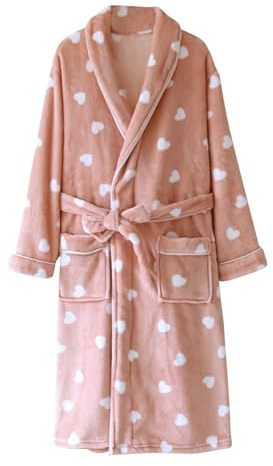 Flodxo Peignoir long en polaire doux et confortable pour femme avec imprimé cœur - Robes de chambre en tissu éponge légères et luxueuses de longueur complète - Robe de bain en polaire pelucheuse