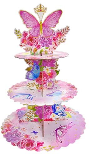 Fuwraixis 3-stöckiger rosa Schmetterlings-Kuchenständer, Tortenplatten mit Schmetterlingsthema，Dekorationen für Geburtstagsfeiern，Party-Zubehör für Mädchen