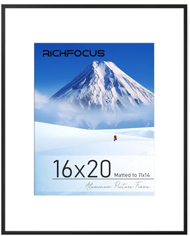 RICHFOCUS 16 x 20 Picture Frame with Mat for 11x14|16x20 Frame Black|Metal Aluminum 20x16 Picture Frames for Wall with Tempered Glass Hanging Hardwares Included, Set of 1