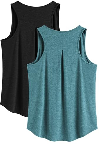PINSPARK 2-pack sportlinne för kvinnor, yoga sportlinne, ärmlös snabbtorkande sportlinne, sommar sportlinne, jogginglinne, gymlinne, Svart/Mörkblå Påfågel, L