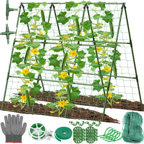 Tetutor Gurkenspalier für Hochbeet, 127 x 137,2 cm, A-Rahmen, Gartenspalier für Kletterpflanzen, Outdoor, Metallbogen Rankgitter mit Netz, Gemüse-Spalier für Trauben-Erbsenbohnen