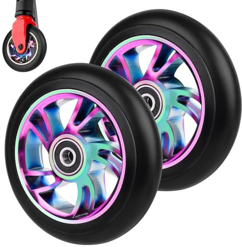 SKIKHN Stunt Scooter Rollen, 2 Stück 100mm Scooter Ersatzräder 88A mit ABEC-9 Lager Aluminium Speichenkern, Aluminium Ersatzräder für S-cooter, Roller Reifen für Meisten Stuntscooter und Kickscooter