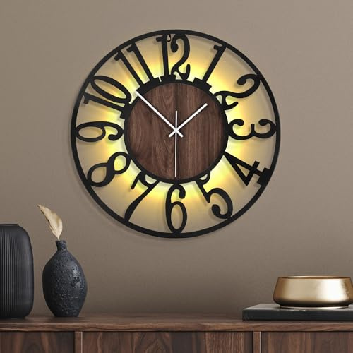 Mee 2ou Orologio da Parete Grande con Luce Notturna a Batteria – 50 cm Silenzioso, Moderno, Effetto Legno, LED Luminoso al Buio, Ideale per Soggiorno, Camera da Letto, Cucina