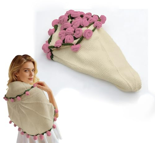 Finished Rose Bouquet Crochet Flower Blanket, Handmade Roses, Bellflower Throw, Soft Knitted Woven Blankets Gift for Mother's Day, Anniversary, Birthday(Pink rose on Beige,Dia. 80cm)